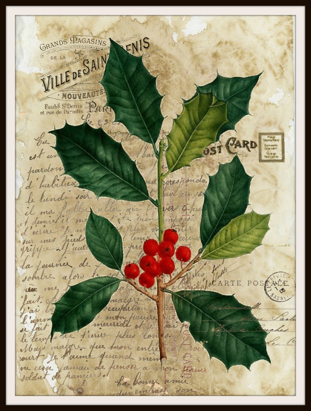 Vintage Art Print Christmas Holly Ephemera , Print Wall Decor, 8.5 X 11 Unframed Printed Art