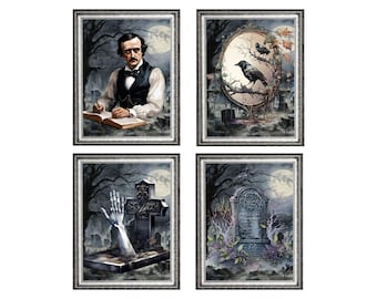 Conjunto de 4 carteles góticos de impresión de arte de Halloween de Edgar Allan Poe 3, decoración de pared, sin marco, Poe, El cuervo, Corazón revelador, Impresiones de arte originales