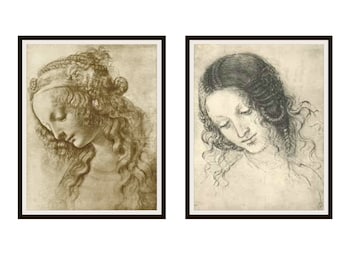 Zestaw 2 reprodukcji szkiców portretów Leonarda Da Vinci Fine Art bez ram 8 x 10" lub 11 x 14" dekoracja ścienna