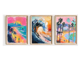 Printed: Coastal Beach Art Print Set of 3 – Colorful Modern Seaside Wall Decor | Vibrant Giclée Beach Prints Tropical Home Decor Unframed