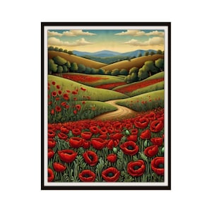 Printed Americana &quot;Field of Poppies&quot;, American Folk Art,  Museum Quality Giclee  Fine Art Reproduction,  Scenery Landscape, Unframed