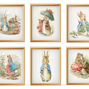 Set of 6 Beatrix Potter &quot; Peter Rabbit&quot;  Giclee Art Print Reproductions ,  8 x 10&quot;  Nursery Prints, Bunny Art Prints, Unframed, Nursery Art