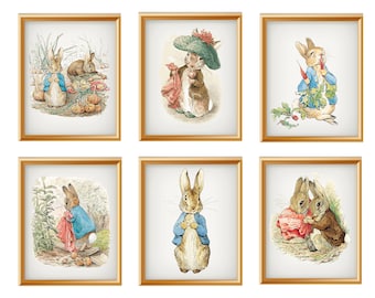Set of 6 Beatrix Potter &quot; Peter Rabbit&quot;  Giclee Art Print Reproductions ,  8 x 10&quot;  Nursery Prints, Bunny Art Prints, Unframed, Nursery Art