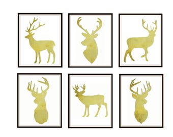 Set of 6 Gold Watercolor Silhouette Deer Poster Art Prints 8 x 10" or 11 x 14" Wall Decor Deer Prints