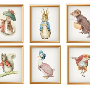&quot;6er Set Beatrix Potter &quot;&quot;Peter Rabbit and Friends&quot;&quot; Giclée-Kunstdrucke Reproduktionen, 20,3 x 25,5 cm Kinderzimmer-Drucke, ungerahmt, Kinderzimmer-Kunst.&quot;