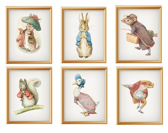 Set of 6 Beatrix Potter "Peter Rabbit and Friends"  Giclee Art Print Reproductions ,  8 x 10"  Nursery Prints , Unframed, Nursery Art