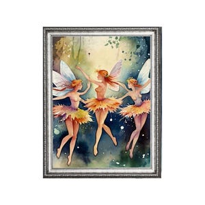 Printed &quot;Dancing Fairies #3&quot;, Fantasy Art Print, Museum Quality Giclee Art Reproduction,  Nursery Wall Decor, Child&#39;s Room Art, Unframed
