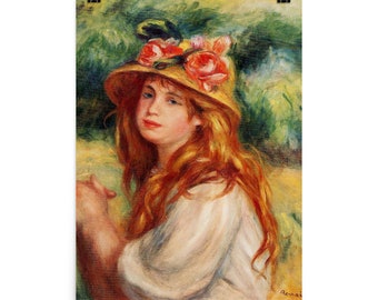 Blonde vrouw in een stro hoed Pierre Auguste Renoir art print reproductie poster, Renoir art print