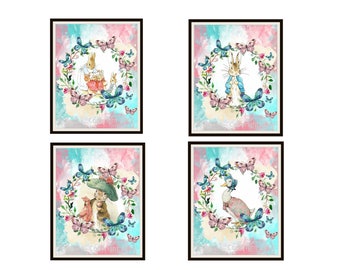 Printed Vintage Beatrix Potter Peter Rabbit and Friends Baby Nursery, Shower Gift, Baby's Room 8 x 10"  Set of 4 Unframed