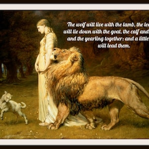 Vintage Art Print "Lion and Lamb", Wall Decor, 8 x 10"  Unframed Printed Art Image, Scripture Print, Motivational Bible Quote