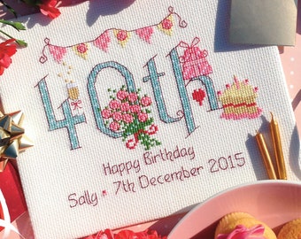 May include: A cross-stitch design featuring the number 40th with a pink and yellow birthday cake, a bouquet of pink roses, a gift box, and a banner of pink and yellow flags. The text "Happy Birthday Sally 7th December 2015" is stitched below the number.