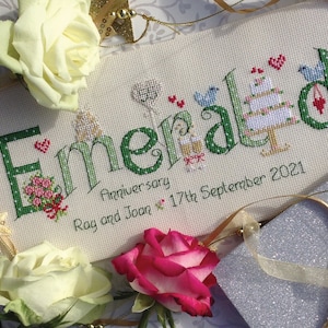 Schema punto croce personalizzabile per il 55° anniversario di matrimonio di Emerald - Modello PDF in formato digitale