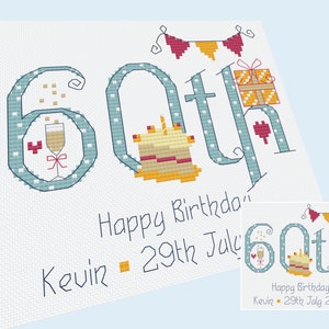 60th Birthday (Numbers) Male - Customisable Cross Stitch Chart - Digital Format PDF Pattern