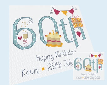 60th Birthday (Numbers) Male - Customisable Cross Stitch Chart - Digital Format PDF Pattern