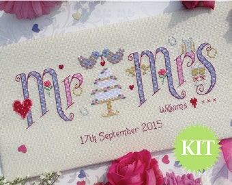 Mr & Mrs Wedding - Customisable Cross Stitch printed PATTERN or KIT