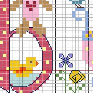 May include: A cross-stitch pattern featuring the letter B with a pink, yellow, and blue color scheme. The letter is surrounded by a variety of small images, including a bird, a flower, and a duck.
