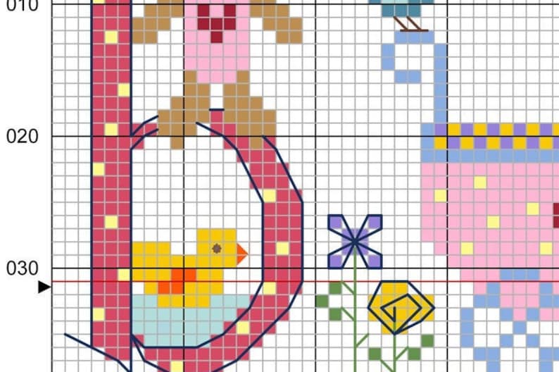 May include: A cross-stitch pattern featuring the letter B with a pink, yellow, and blue color scheme. The letter is surrounded by a variety of small images, including a bird, a flower, and a duck.