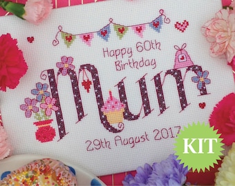 Mum - Mom - Mam Birthday Cross Stitch Printed PATTERN or CHART