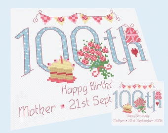 100th Birthday (Numbers) - Customisable Cross Stitch Chart - Digital Format PDF Pattern