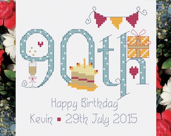 90th Birthday (Numbers) Male - Customisable Cross Stitch Chart - Digital Format PDF Pattern