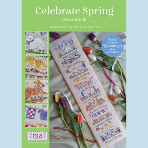 May include: Cross stitch pattern for a spring-themed embroidery project. The pattern features a vertical design with a variety of spring-related imagery, including birds, flowers, and a lamb. The text "Spring" is featured at the top of the design, and the text "Gwanwyn" is featured at the bottom of the design.