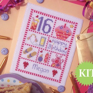 Tarjeta de cumpleaños de mujer joven impresa PATRÓN o KIT - personalizable con números y alfabeto