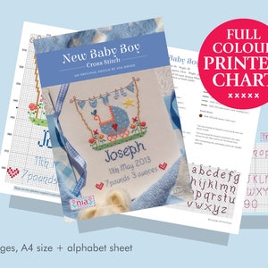 May include: A four-page cross stitch pattern for a baby boy, featuring a blue baby carriage with a star and birds. The pattern includes the name "Joseph", the date "11th May 2013", and the baby's weight "7 pounds 3 ounces". The pattern also includes an alphabet sheet.