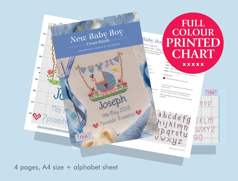 May include: A four-page cross stitch pattern for a baby boy, featuring a blue baby carriage with a star and birds. The pattern includes the name "Joseph", the date "11th May 2013", and the baby's weight "7 pounds 3 ounces". The pattern also includes an alphabet sheet.