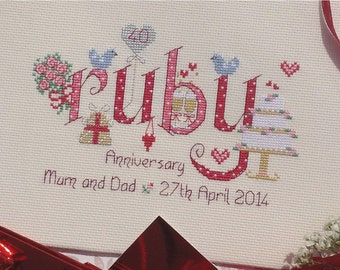 Ruby 40th Wedding Anniversary Customisable Cross Stitch Chart - Digital Format PDF Pattern