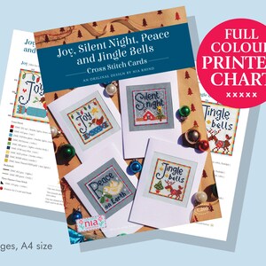 May include: A full color printed cross stitch chart for four Christmas cards. The cards feature the phrases "Joy", "Silent Night", "Peace on Earth", and "Jingle Bells".