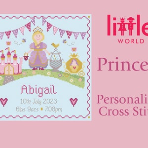 May include: A personalised cross stitch design featuring a princess in a pink and purple dress, a castle, a carriage, and a bird. The design includes the name Abigail, the date 10th July 2023, and the time 7:08pm. The design is on a light blue background with a pink border.