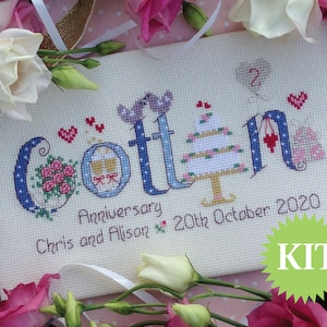 PATRÓN o KIT impreso en punto de cruz personalizable del segundo aniversario de bodas de algodón