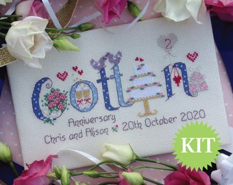 Cotton 2nd Wedding Anniversary Customisable Cross Stitch Printed PATTERN or KIT