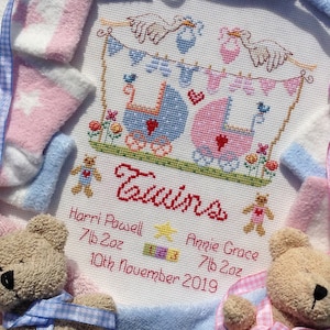 PATRÓN o KIT de punto de cruz personalizable para gemelos - Gemelos niño y niña, Gemelos niña, Gemelos niño