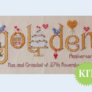 Golden 50th Wedding Anniversary Customisable Cross Stitch printed PATTERN or KIT image 2