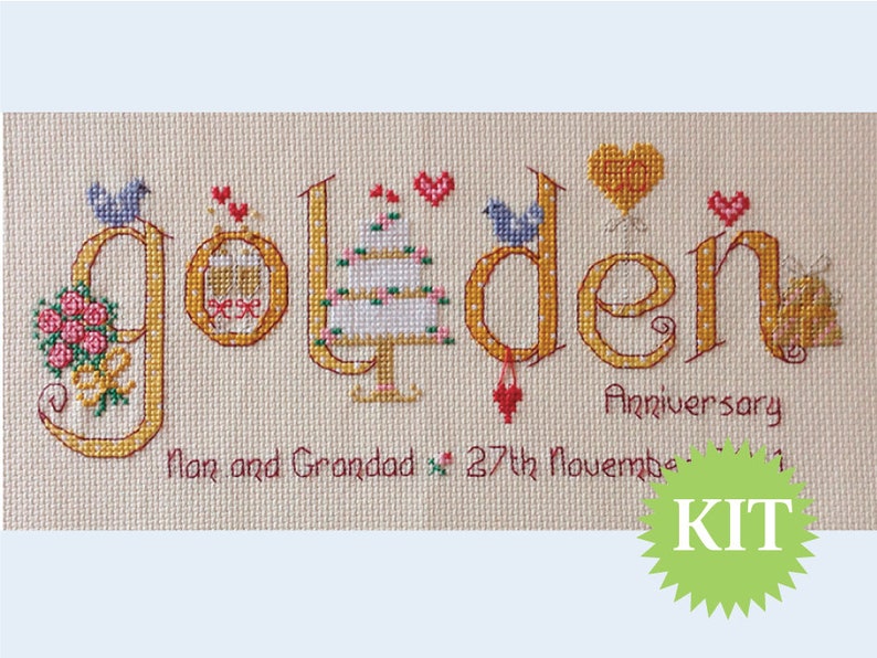 Golden 50th Wedding Anniversary Customisable Cross Stitch printed PATTERN or KIT image 2