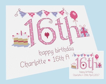 May include: Pink and white cross-stitch pattern with the number 16 and the word "th" in a decorative font. The pattern also includes a birthday cake, a balloon, and a gift. The text "happy birthday Charlotte - 16th April 2017" is included in the pattern.