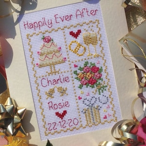 Happily Ever After Wedding Card Digital PDF Cross Stitch Pattern - Customisable with Numbers and Alphabet