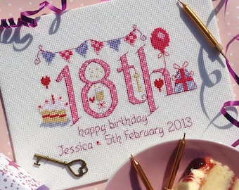 May include: A pink and white cross-stitch design with the number 18th, a cake, a balloon, and a gift. The text reads "happy birthday Jessica - 5th February 2013".
