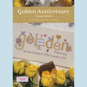 Golden 50th Wedding Anniversary Customisable Cross Stitch printed PATTERN or KIT image 4