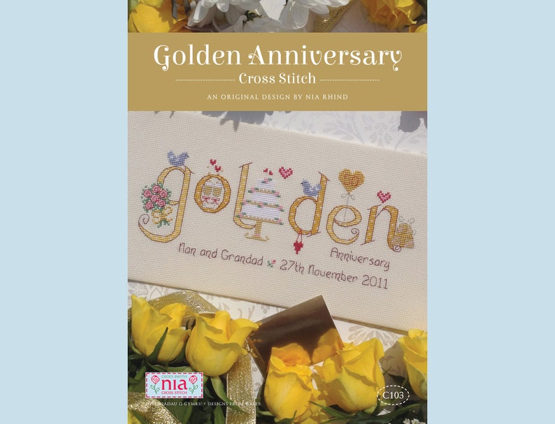 Golden 50th Wedding Anniversary Customisable Cross Stitch printed PATTERN or KIT image 4