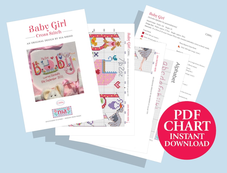 May include: A PDF cross stitch pattern for a baby girl. The pattern includes a baby carriage, a stork, and the word "baby" in pink, blue, and yellow. The pattern also includes an alphabet chart for personalization.