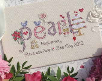 Pearl 30th Wedding Anniversary - Customisable Cross Stitch Chart - Digital Format PDF Pattern