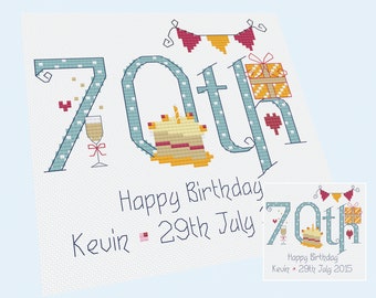 May include: Cross stitch pattern for a 70th birthday card with blue and white polka dot numbers, a cake, a glass of champagne, and a gift box. The text reads "Happy Birthday Kevin 29th July".
