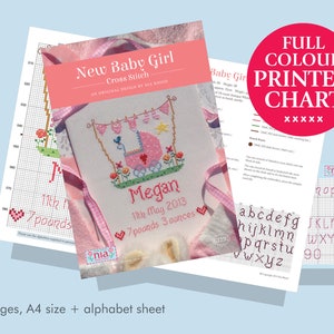 May include: A full color printed cross stitch chart for a baby girl. The chart includes a pink baby carriage with flowers, a name, and birth details. The chart is printed on A4 paper and includes an alphabet sheet. The chart is titled "New Baby Girl Cross Stitch".