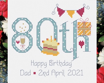 80th Birthday (Numbers) Male - Customisable Cross Stitch Chart - Digital Format PDF Pattern