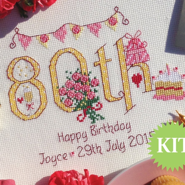 80th Birthday (Numbers Customisable Cross Stitch Printed Pattern or KIT