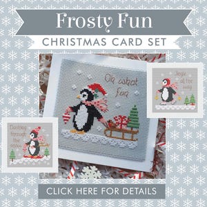 May include: A Christmas card set with a winter theme. The cards feature cross-stitch designs of penguins in winter attire, pulling sleds with gifts and text that reads "Oh what fun", "Jingle all the way", and "Dashing through the snow". The background is light blue with snowflakes.