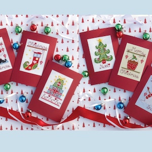 Sapin, gâteau, bonhomme de neige, père Noël, chaussettes de Noël et cadeaux, six cartes de Noël - patrons PDF au format numérique