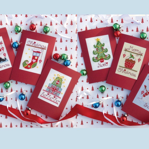 Sapin, gâteau, bonhomme de neige, père Noël, chaussettes de Noël et cadeaux, six cartes de Noël - patrons PDF au format numérique